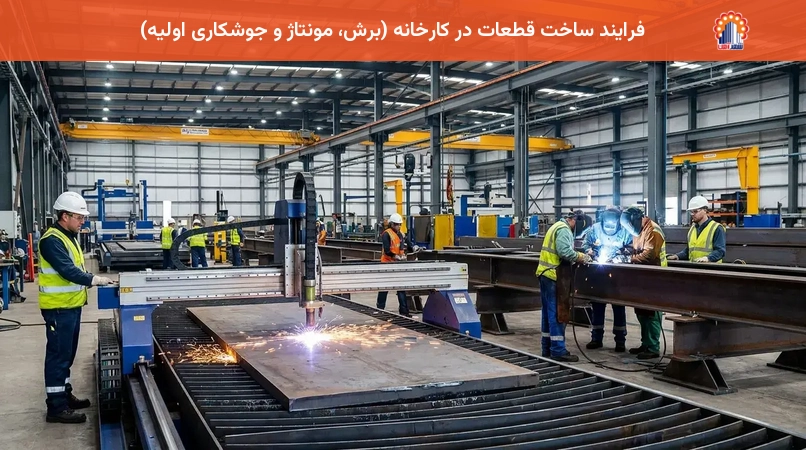 فرایند ساخت قطعات در کارخانه (برش، مونتاژ و جوشکاری اولیه)