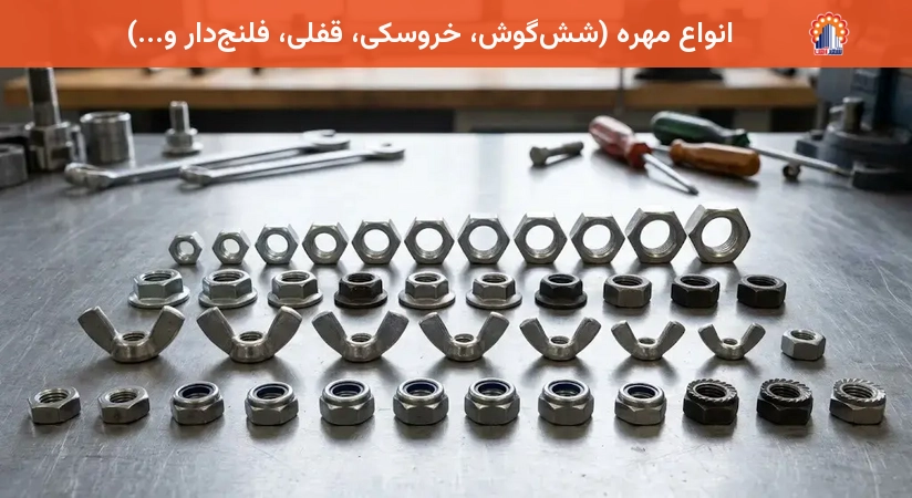 انواع مهره (شش‌گوش، خروسکی، قفلی، فلنج‌دار و...)